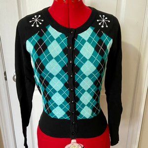 Vintage Repro Voodoo Vixen long sleeve black atomic argyle cardigan size Small
